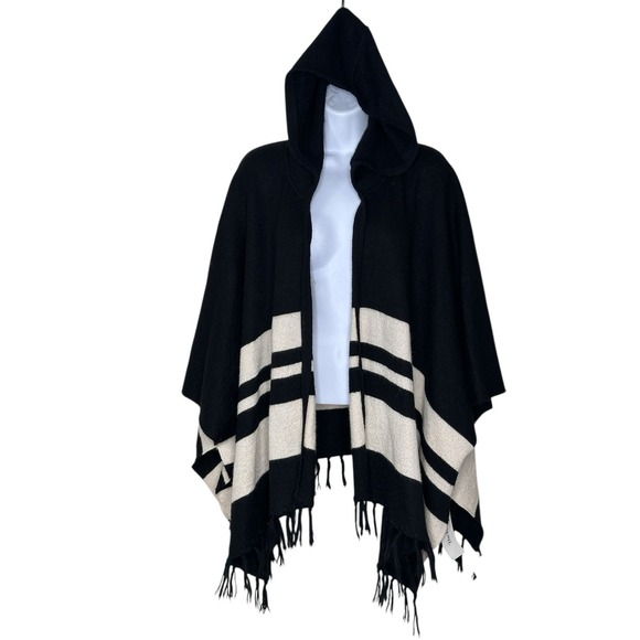 FRAME Baby Alpaca Poncho Block Striped Fringe Black Bone Hooded Cape Cozy Knit - Picture 2 of 10